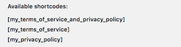Terms of Service - Shortcodes