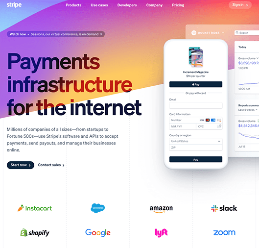 Example of Stripe's website.