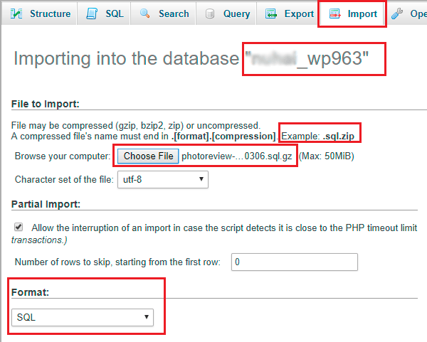 phpMyAdmin import database sql