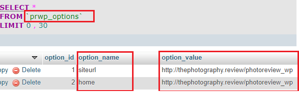 phpmyadmin verify wp-options table