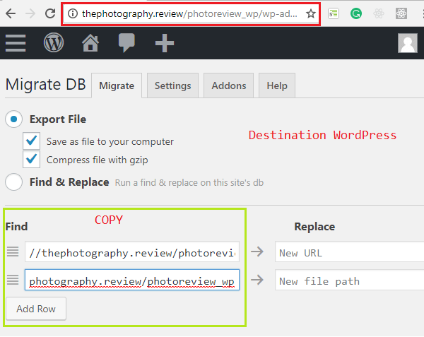 wp-migrate-db destination settings