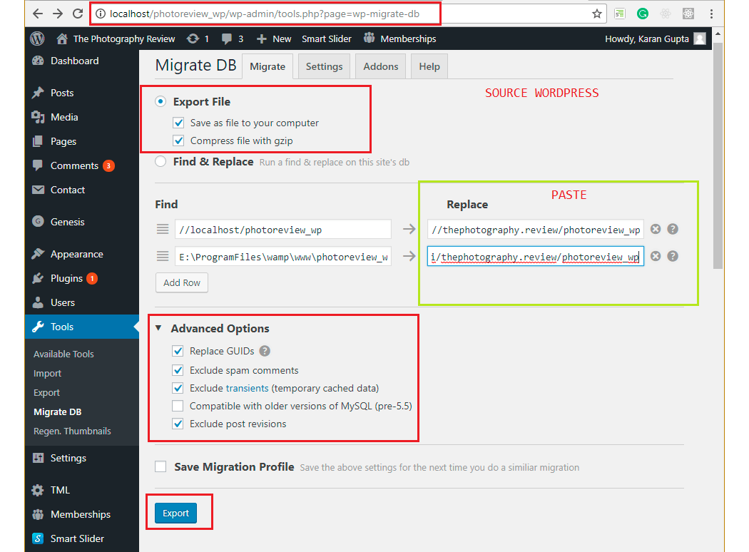 wp-migrate-db source settings