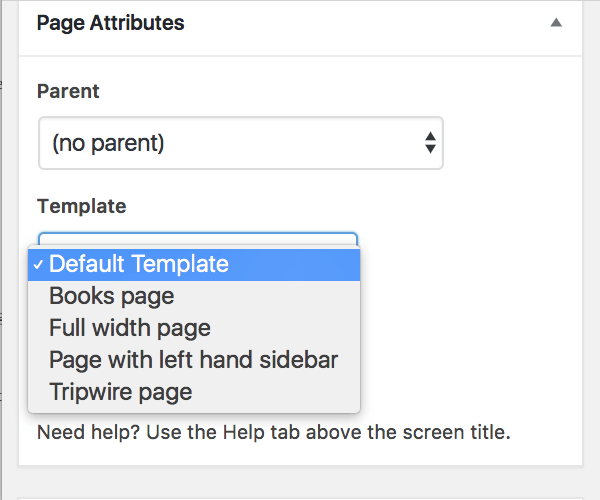 Selecting a custom page template in the page editing screen