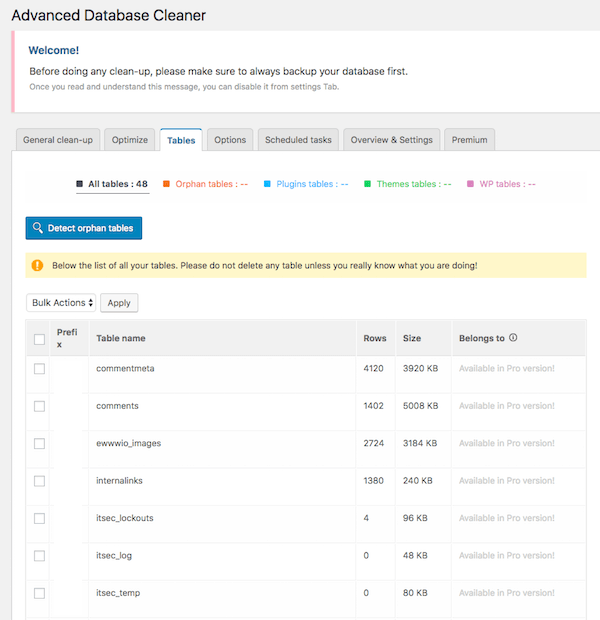 Advanced Database Cleaner shows all your WordPress data tables