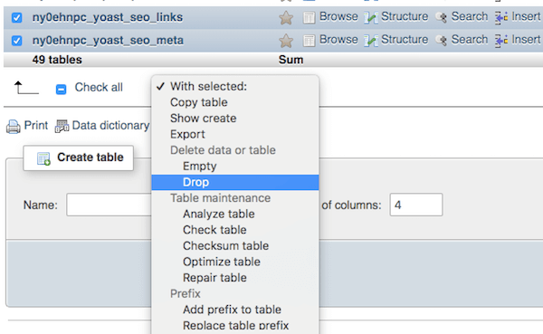 Dropping multiple tables with phpMyAdmin