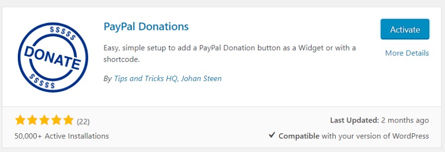 Activate PayPal Donations plugin