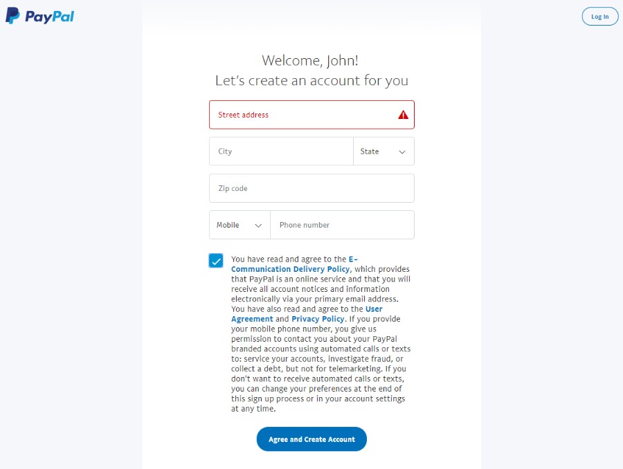 PayPal create account