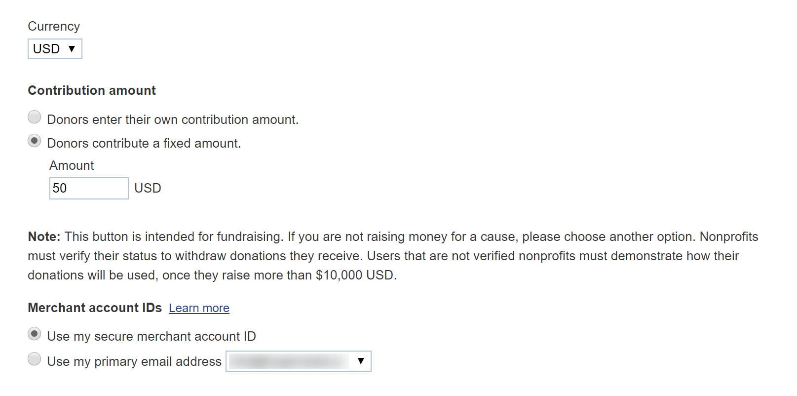PayPal donate button merchant account ID