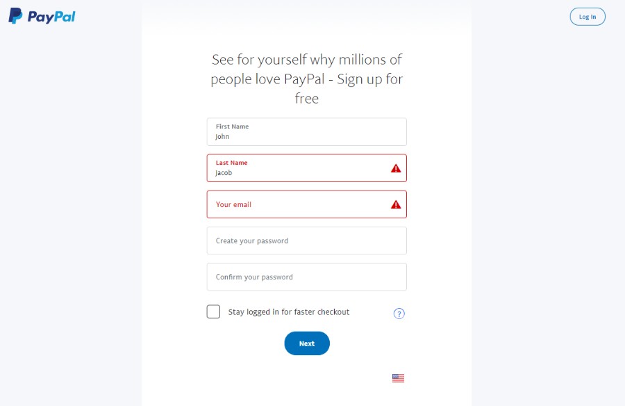 PayPal sign up form