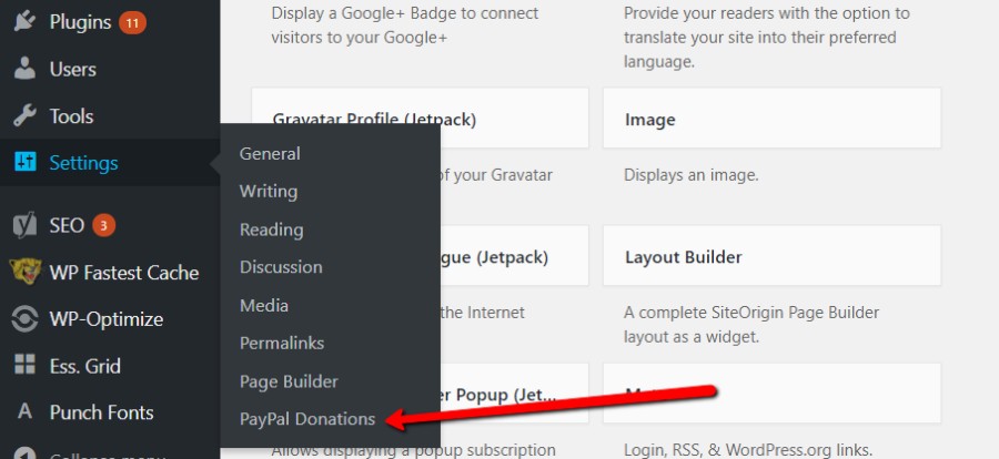 PayPal Donations plugin settings