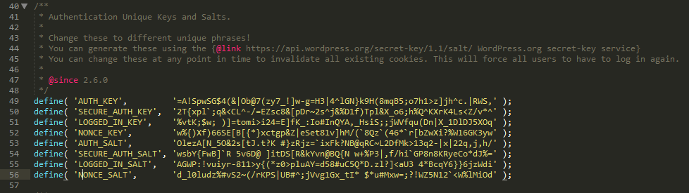 A wp-config.php file displaying a set of salt keys.