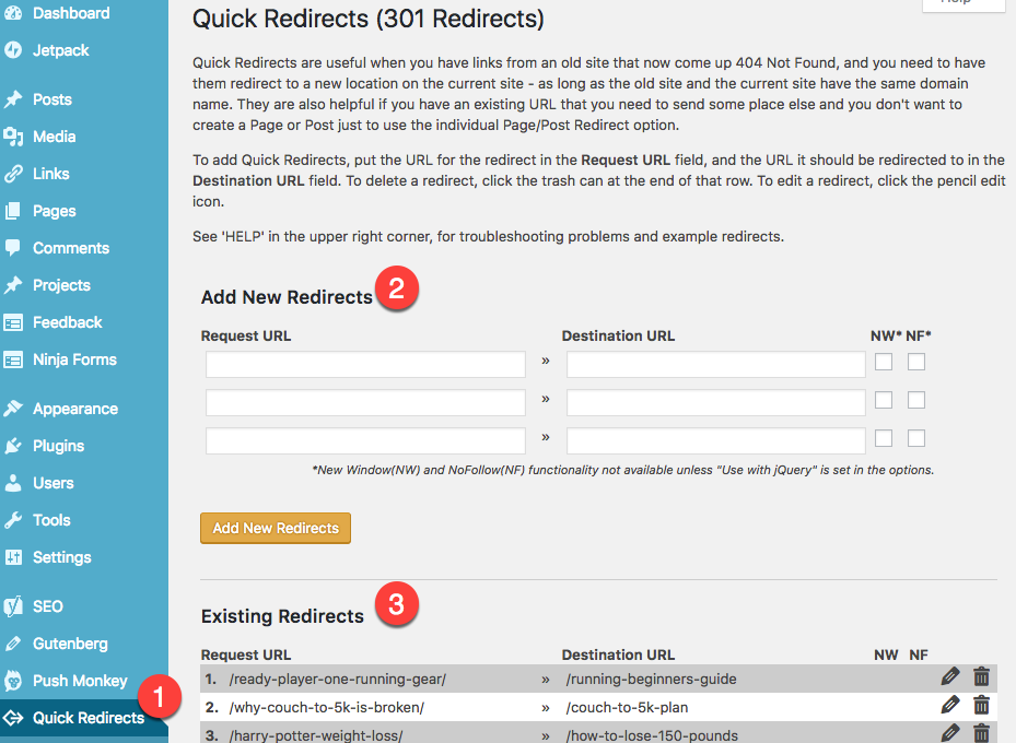 Redirect example. Upper right Corner settings.