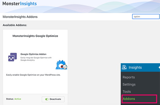 Google Optimize addon for MonsterInsights