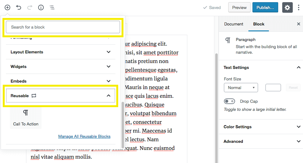 Adding a reusable block to a post.