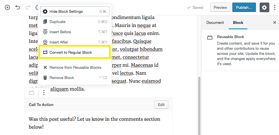 Converting a reusable block to a regular block.