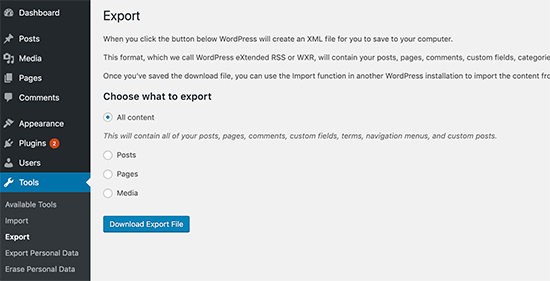 Exporting content in WordPress