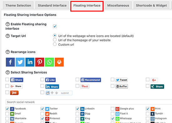 Floating social share plugin settings