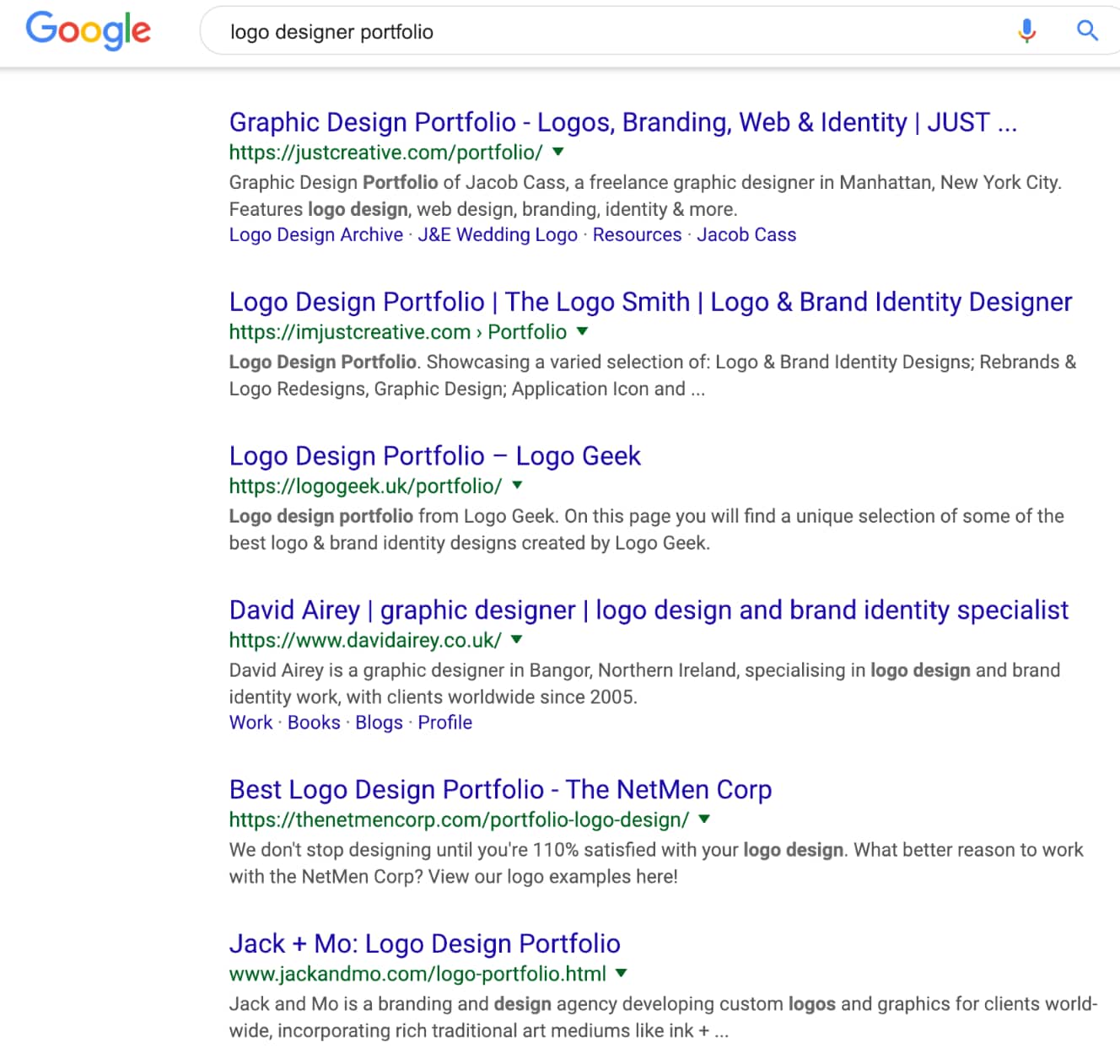 Google 1st page search results for ‘logo designer portfolio’