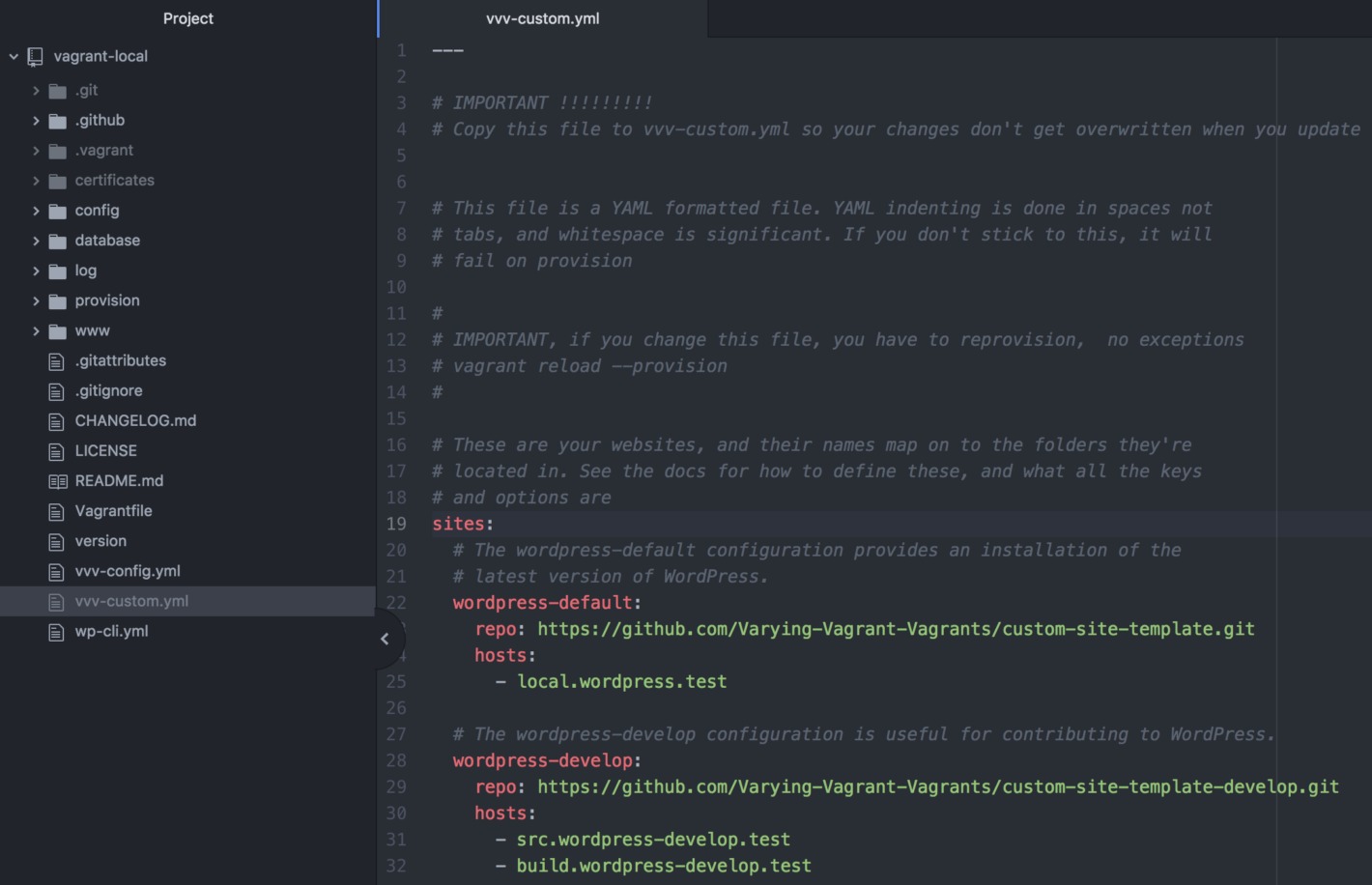 The vvv-custom.yml file within Atom.