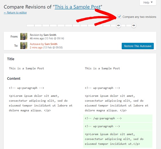 Compare Two revisions WordPress posts