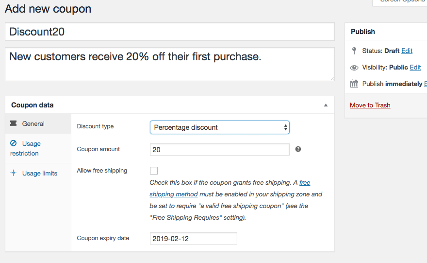 Adding a general data to a new coupon.
