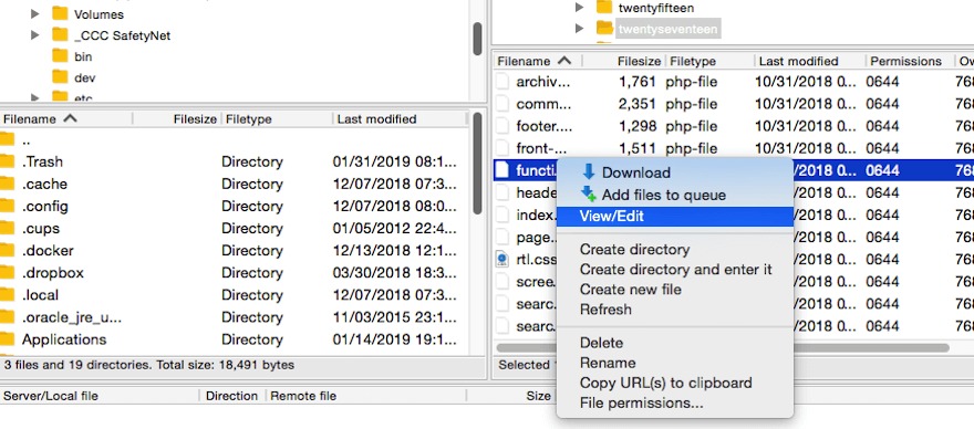 Selecting the functions.php file to edit via FTP.