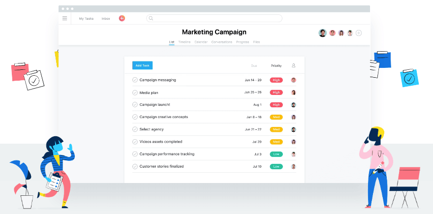 Asana's website, featuring an example of a task list.