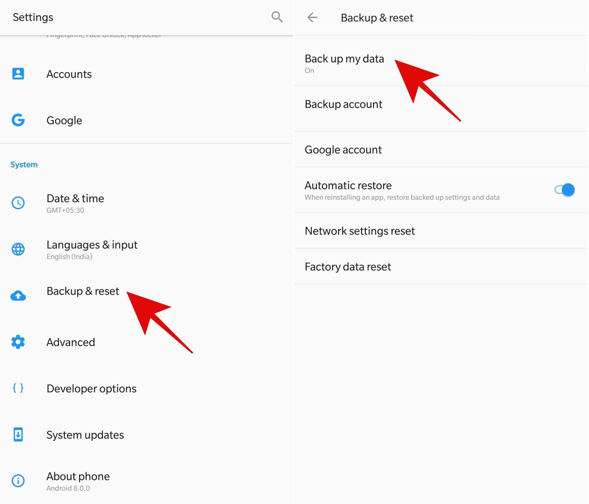 Backup & reset options in Android