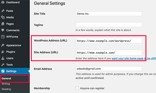 Change WordPress site address