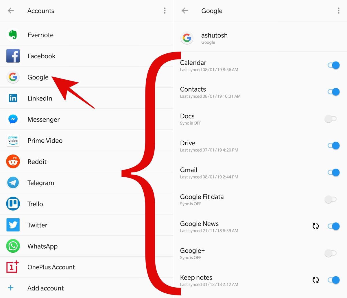 Configure Google apps' sync options