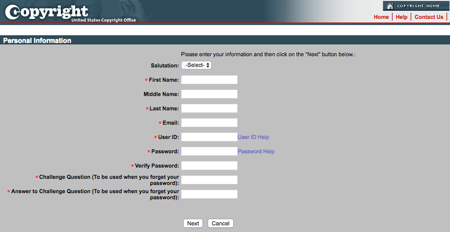 The electronic Copyright Office's account registration form.