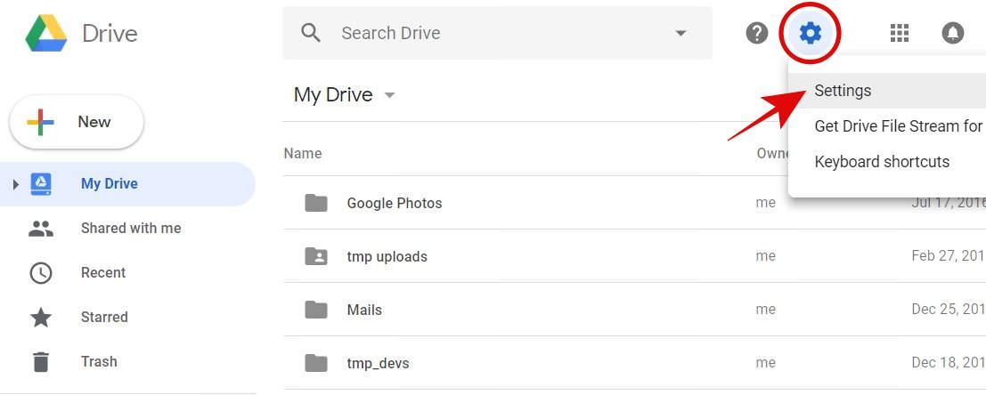 Open Settings in Google Drive