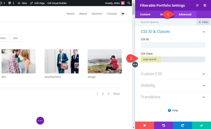 style pagination in divi