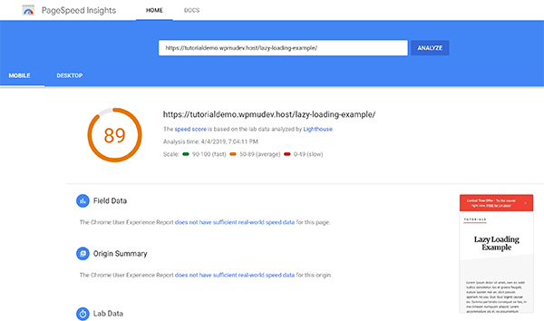 Screenshot 89 Google Pagespeed Score Lazy Loading Example