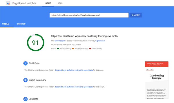 Screenshot 91 Google Pagespeed Score Lazy Loading Example