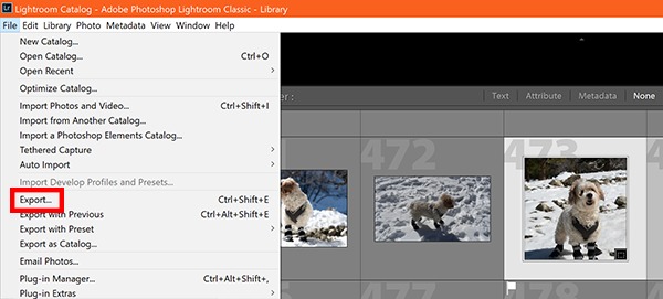 Screenshot of how to export photos from Lightroom