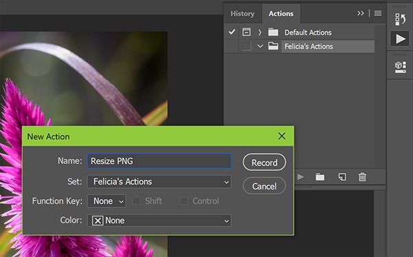 Screenshot creating action in Photoshop