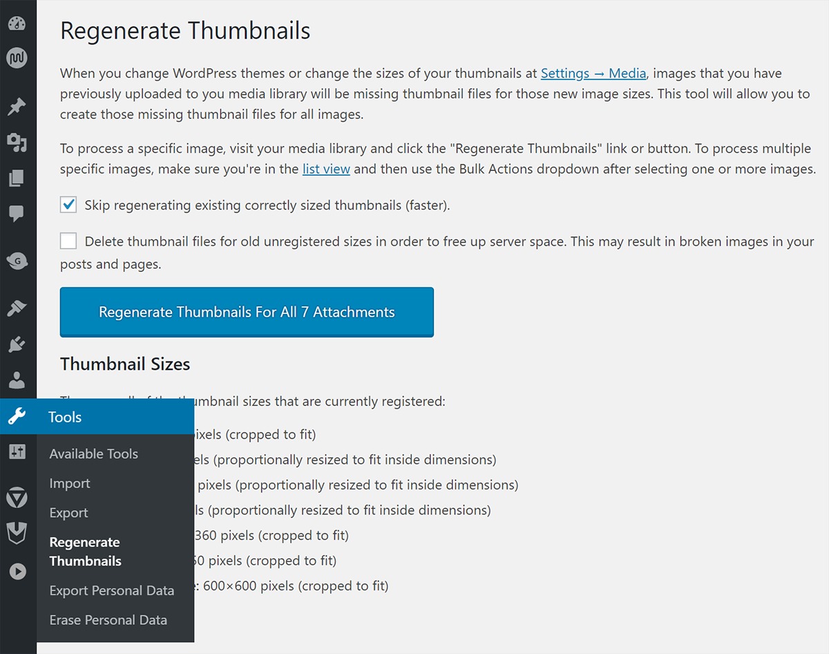 Screenshot regenerate thumbnails settings