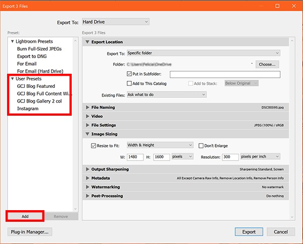 Lightroom Export Dialog Box Saved Presets