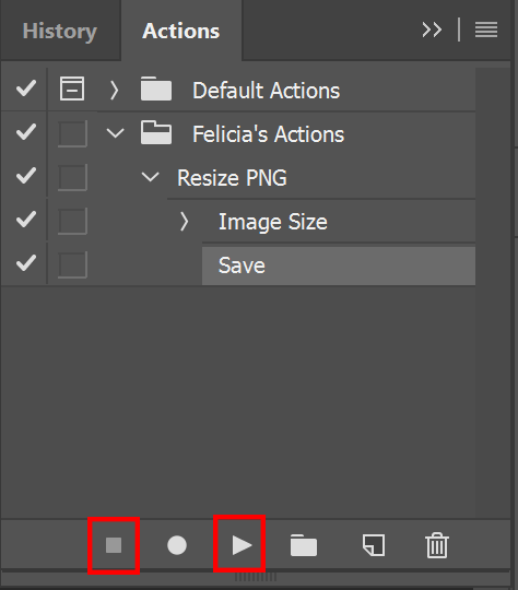 Screenshot of controls for Photoshop action