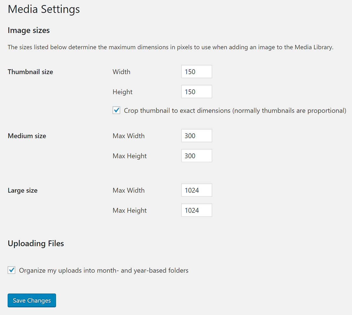 Screenshot of WordPress Media settings