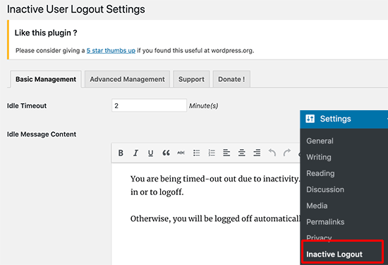Settings page for Inactive Logout plugin