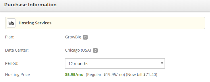 Choosing a pricing plan from SiteGround's drop-down menu.