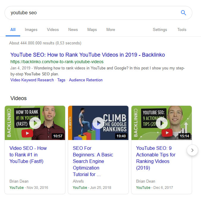 videos in google serps