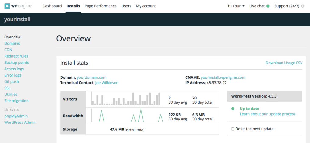 The WPEngine dashboard.