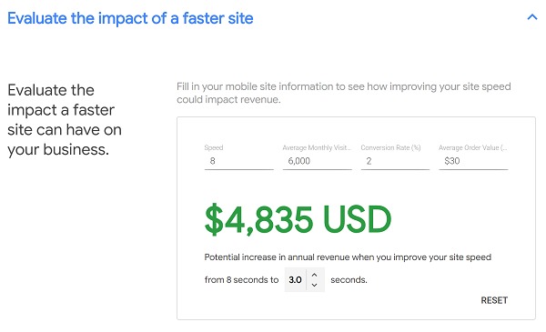 Screenshot of revenue calculator that shows how much you can earn by improving site speed