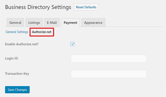 Business Directory Plugin Authorize.net Settings