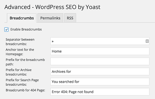 Yoast SEO plugin breadcrumbs settings