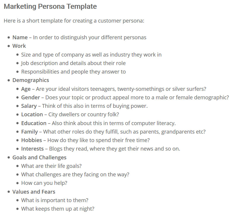 marketing persona template to define target audience for blog style guide