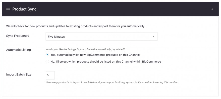 The sync frequency settings for BigCommerce in WordPress.
